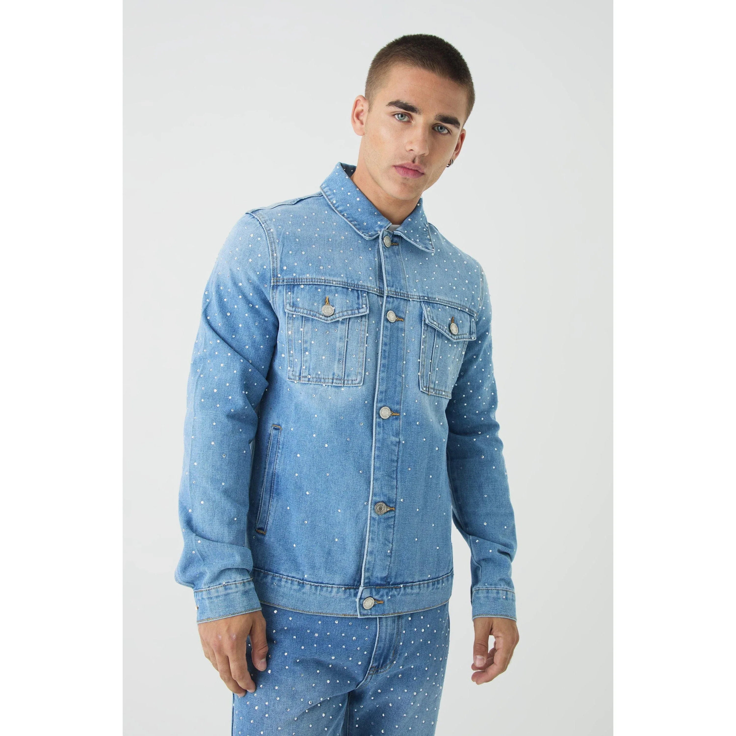 Men's Light Blue Regular Fit Rhinestone Embellished Denim Jacket Stylish - Gomix Brands Outlet